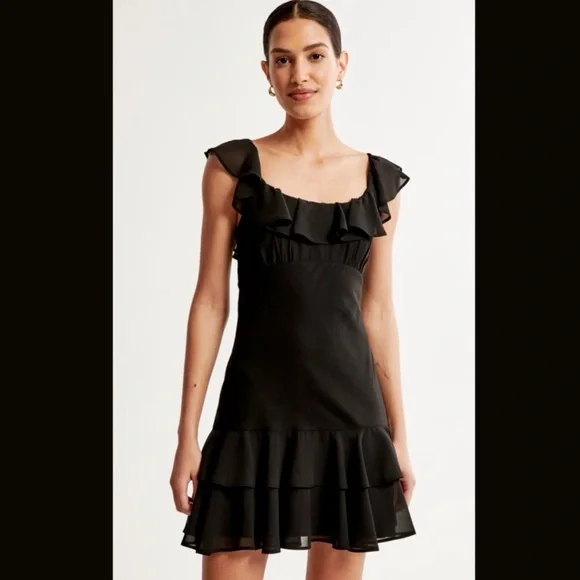abercrombie black ruffle dress Abercrombie Black Tiered Long Sheer Sleeve Mini Dress